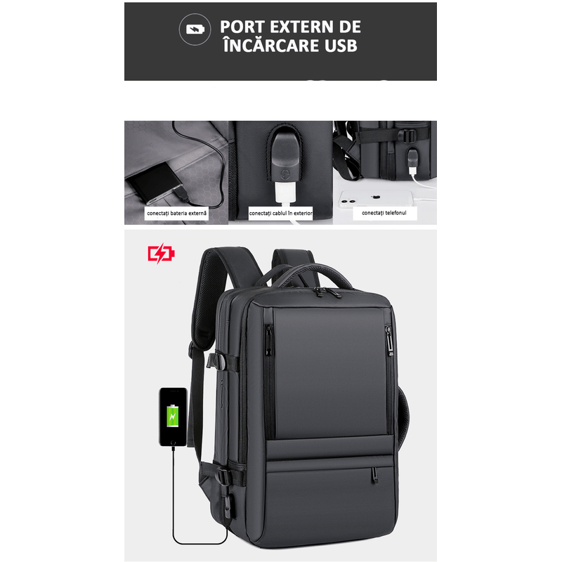 Sport si Outdoor - Articole de voiaj - Rucsacuri - Rucsac Calatorie Extensibil, Laptop 17", pentru Avion, Impermeabil, port USB, pana la 40 L, Negru denim, OBRALIX® - Infinity.ro