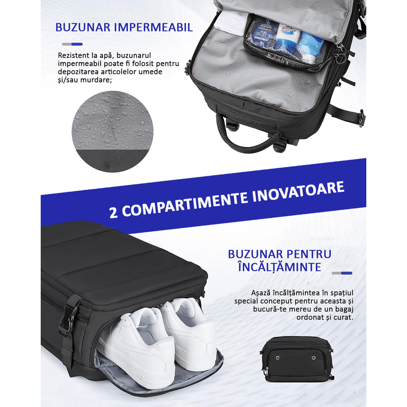 Sport si Outdoor - Articole de voiaj - Rucsacuri - Rucsac Calatorie pentru Laptop, pentru Avion, port USB, pana la 35 L, Impermeabil, 42x30x20 cm, Negru, OBRALIX® - Infinity.ro