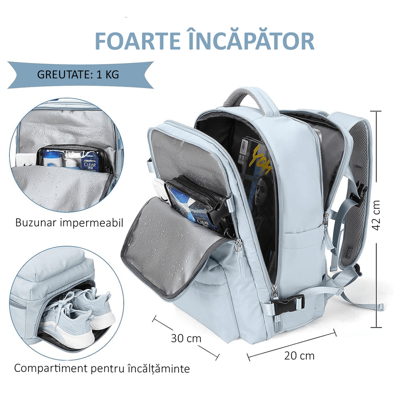 Sport si Outdoor - Articole de voiaj - Rucsacuri - Rucsac Calatorie pentru Laptop, pentru Avion, port USB, 35 L, Impermeabil, 42x30x20 cm, Albastru deschis, OBRALIX® - Infinity.ro
