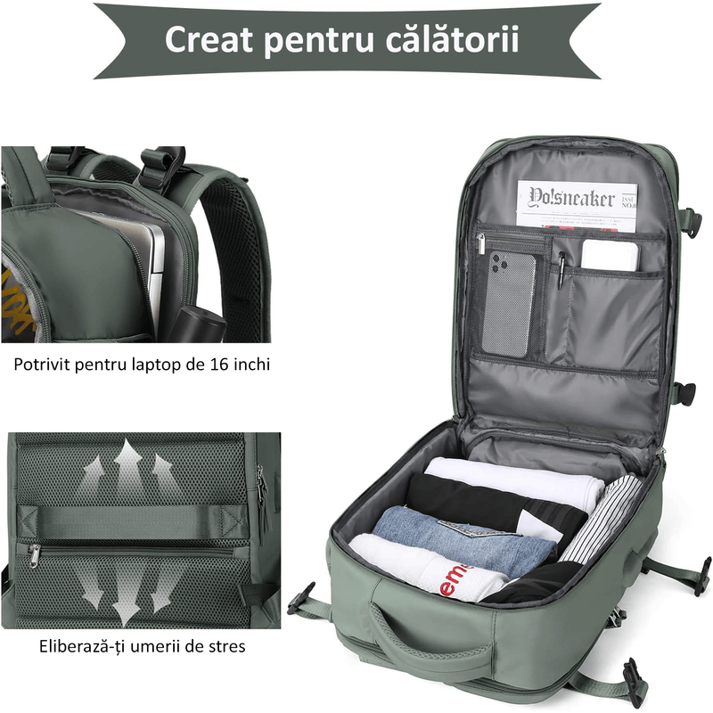 Sport si Outdoor - Articole de voiaj - Rucsacuri - Rucsac Calatorie pentru Laptop OBRALIX®, Business, City Break, Impermeabil, port USB, pana la 35 L,  42x30x20 cm, Kaki - Infinity.ro