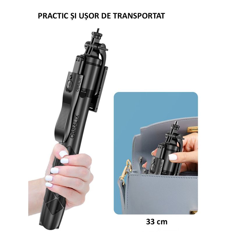 Laptop, Telefoane si Tablete - Telefoane mobile si accesorii - Accesorii Telefoane - Selfie stick-uri - Selfie Stick, Tripod, Telecomanda Bluetooth, Rotire 360°, Universal, H33-155 cm, OBRALIX® - Infinity.ro
