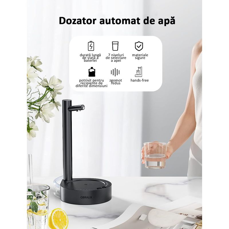 Casa si Gradina - Mobilier - Organizare si depozitare - Dozatoare/dispensere de apa - Dozator apa de birou, pompa electrica, smart 7 moduri, cu acumulator, incarcare usb, negru, OBRALIX® - Infinity.ro