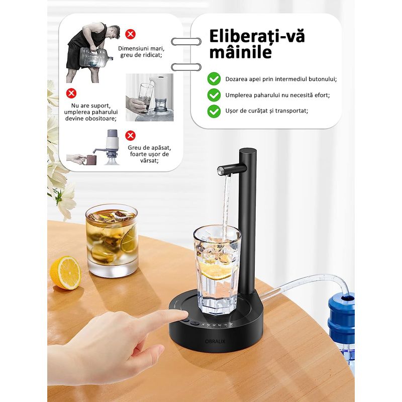 Casa si Gradina - Mobilier - Organizare si depozitare - Dozatoare/dispensere de apa - Dozator apa de birou, pompa electrica, smart 7 moduri, cu acumulator, incarcare usb, negru, OBRALIX® - Infinity.ro