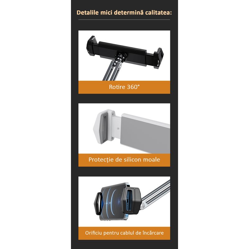 Laptop, Telefoane si Tablete - Tablete si accesorii tablete - Accesorii Tablete - Alte accesorii tablete - Suport tableta, telefon, monitor, iPad, unghi reglabil, pliabil, H20-60 cm, aluminiu, argintiu, OBRALIX - Infinity.ro