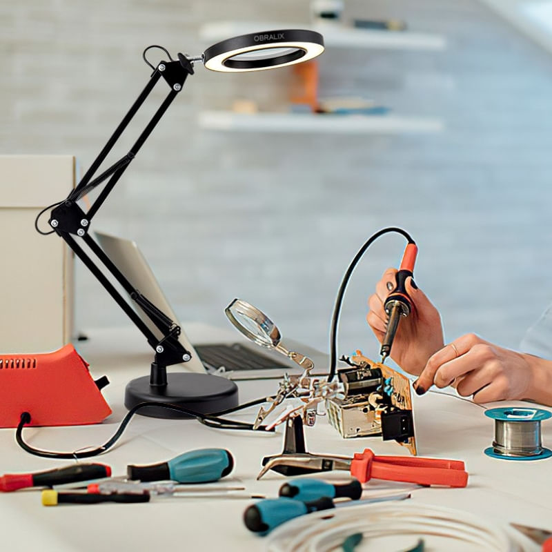 TV, Audio-Video si Foto - Optica, astronomie si metrologie - Optica si astronomie - Lupe si instrumente optice - Lampa LED cu lupa, 2 Moduri de Prindere, 3 Moduri iluminare, 10 Niveluri de intensitate, Marire 10x, Neagra, OBRALIX® - Infinity.ro