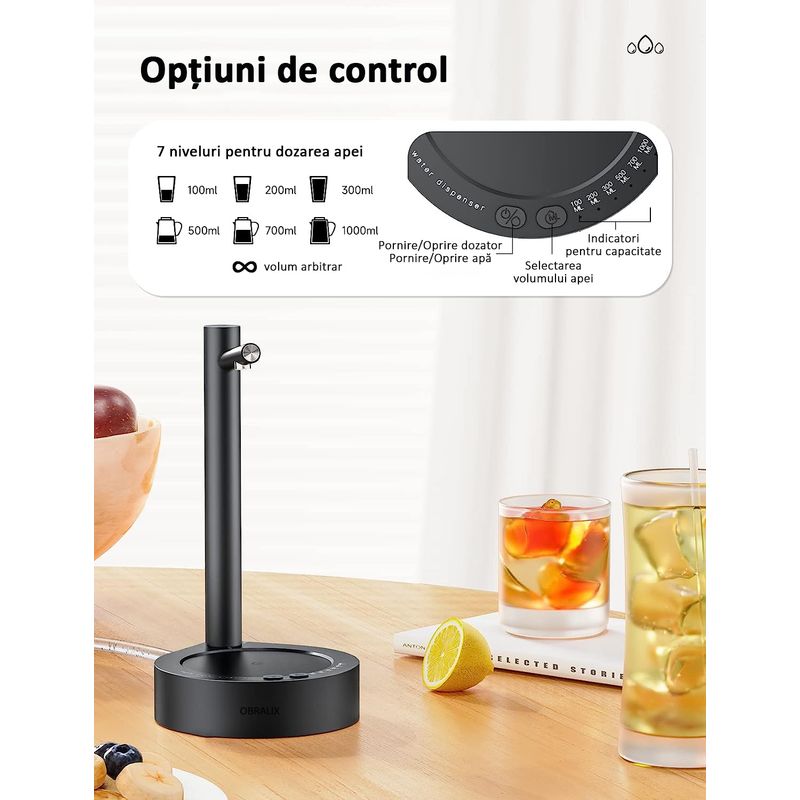Casa si Gradina - Mobilier - Organizare si depozitare - Dozatoare/dispensere de apa - Dozator apa de birou, pompa electrica, smart 7 moduri, cu acumulator, incarcare usb, negru, OBRALIX® - Infinity.ro