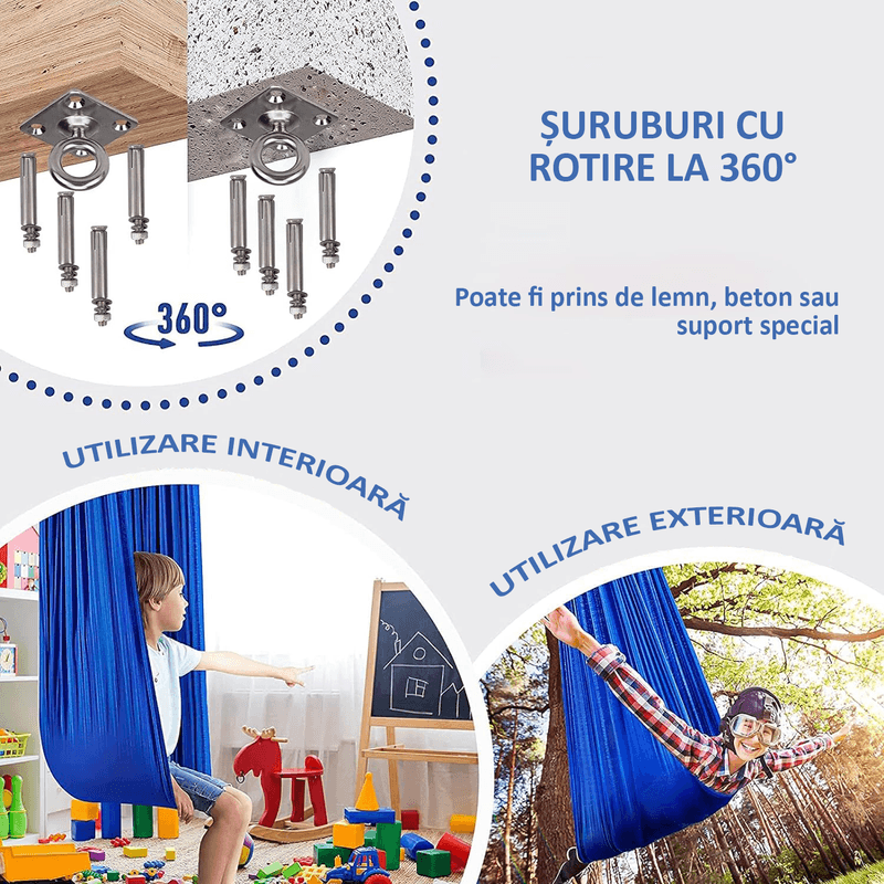 Casa si Gradina - Gradina si terasa - Balansoare si hamace - Hamace si suporturi - Hamac elastic, leagan copii, pentru terapie, kit complet, maxim 99 kg, bleumarin, OBRALIX® - Infinity.ro