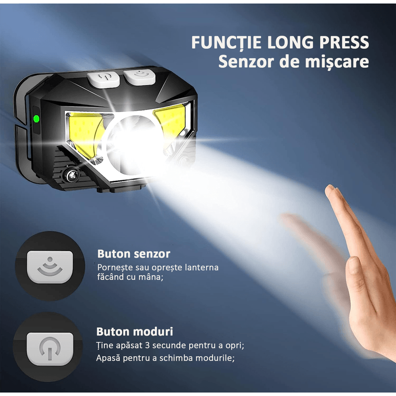 Sport si Outdoor - Camping - Articole solare camping - Lampi si lanterne camping - Lanterna LED frontala, 8 moduri, rezistenta la apa, senzor de miscare, camping, alergare, ciclism, pescuit, OBRALIX® - Infinity.ro