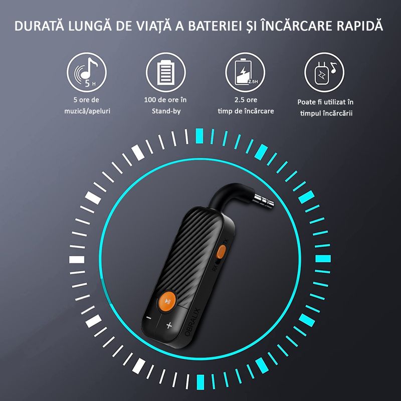 Auto si Moto - Electronice auto - Multimedia auto - Adaptor Bluetooth, pentru Masina, mufa Jack 3.5 mm, Receiver si Transmitator audio 5.2,  Negru, OBRALIX® - Infinity.ro