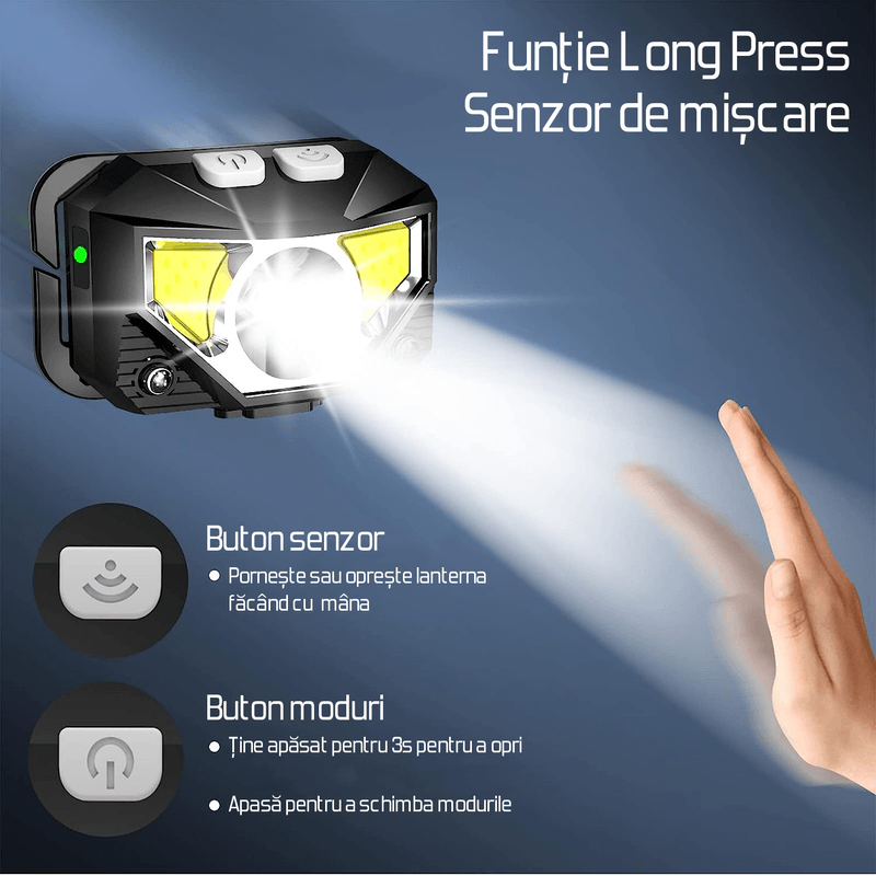 Sport si Outdoor - Camping - Articole solare camping - Lampi si lanterne camping - Lanterna LED frontala, 8 moduri, rezistenta la apa, senzor de miscare, camping, alergare, ciclism, pescuit, OBRALIX® - Infinity.ro