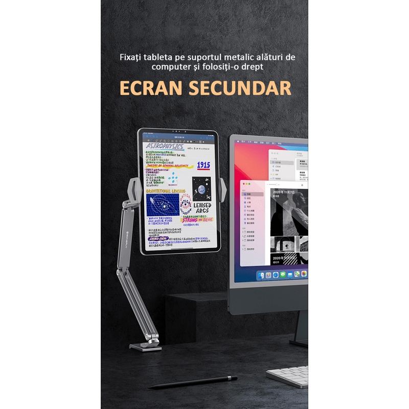 Laptop, Telefoane si Tablete - Tablete si accesorii tablete - Accesorii Tablete - Alte accesorii tablete - Suport tableta, telefon, monitor, iPad, unghi reglabil, pliabil, H20-60 cm, aluminiu, argintiu, OBRALIX - Infinity.ro