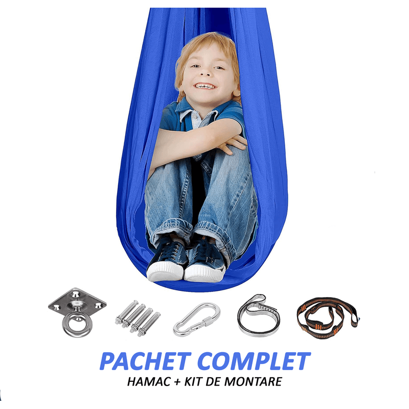 Casa si Gradina - Gradina si terasa - Balansoare si hamace - Hamace si suporturi - Hamac elastic, leagan copii, pentru terapie, kit complet, maxim 99 kg, bleumarin, OBRALIX® - Infinity.ro