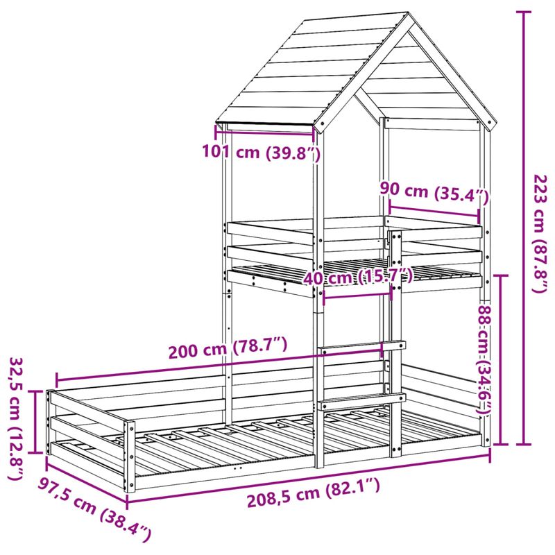 Casa si Gradina - Mobilier - Paturi si accesorii - Paturi - Pat supraetajat cu acoperis, alb, 90x200 cm, lemn masiv de pin - Infinity.ro