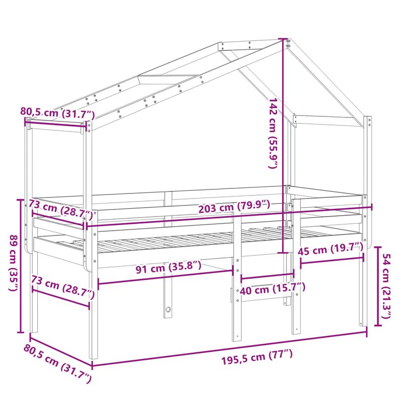 Casa si Gradina - Mobilier - Paturi si accesorii - Paturi - Pat inalt cu acoperis, alb, 75x190 cm, lemn masiv de pin - Infinity.ro