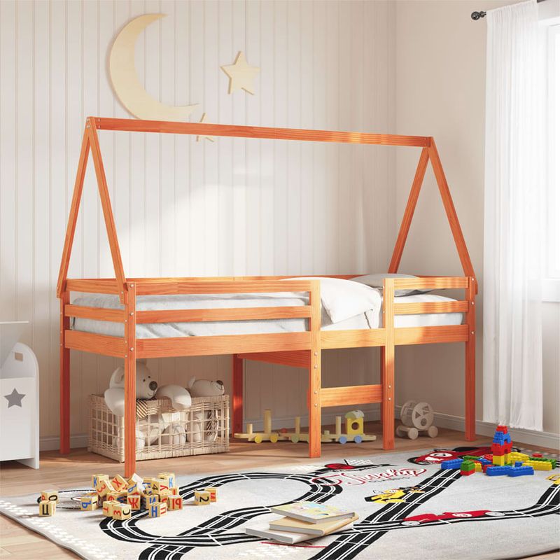 Casa si Gradina - Mobilier - Paturi si accesorii - Paturi - Pat inalt cu acoperis, maro ceruit, 80x200 cm, lemn masiv pin - Infinity.ro