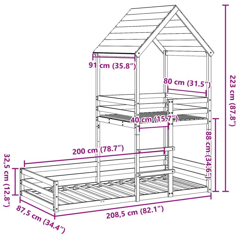 Casa si Gradina - Mobilier - Paturi si accesorii - Paturi - Pat supraetajat cu acoperis, alb, 80x200 cm, lemn masiv de pin - Infinity.ro