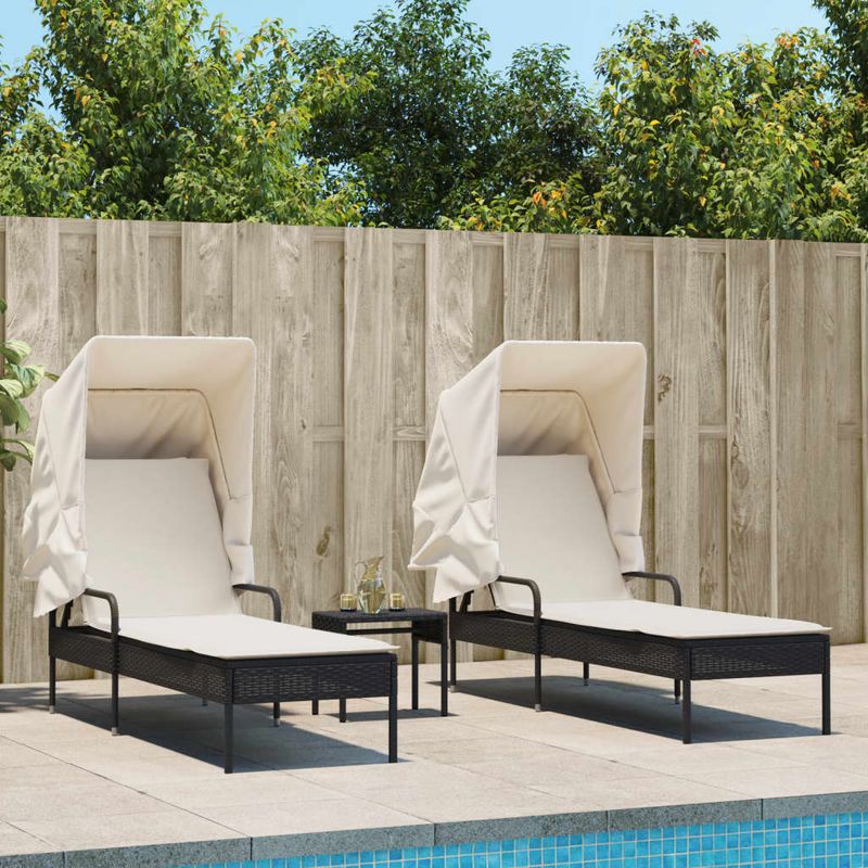 Casa si Gradina - Gradina si terasa - Mobilier exterior - Scaune si sezlonguri gradina - Sezlonguri, 2 buc., cu baldachine si masa, negru, poliratan - Infinity.ro