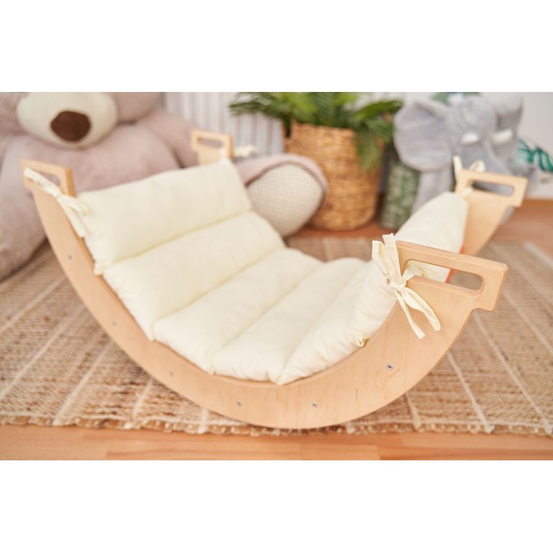 Jucarii, Copii si Bebe - Jucarii si jocuri - Jucarii de exterior - Balansoare copii - Set Balansoar Montessori Mic cu salteluta, Pikler, 2 in 1, 34x45x73 cm, culoarea lemnului, 1-3 ani, sarcina maxima 60 kg - Infinity.ro