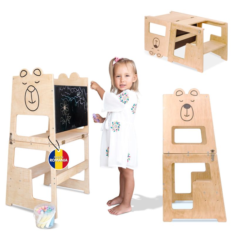 Casa si Gradina - Mobilier - Mobilier copii - Mobilier camera copiilor - Turn de invatare 4in1 pentru copii Bear, Pikler Learning Tower, Multifunctional, cu tabla de desen, +12 luni - Infinity.ro