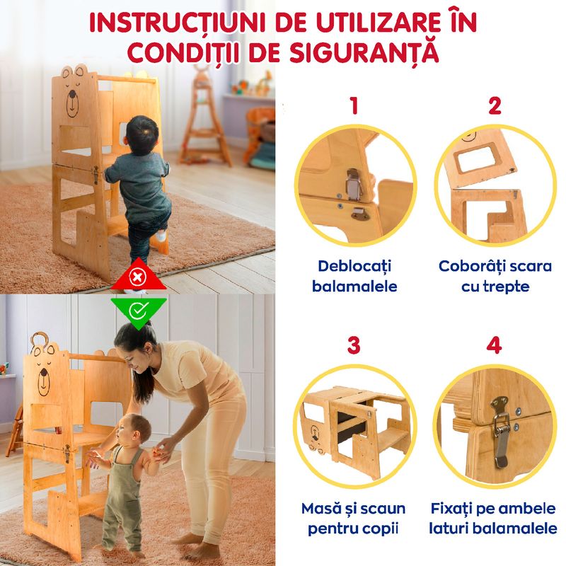 Casa si Gradina - Mobilier - Mobilier copii - Mobilier camera copiilor - Turn de invatare 4in1 pentru copii Bear, Pikler Learning Tower, Multifunctional, cu tabla de desen, +12 luni - Infinity.ro