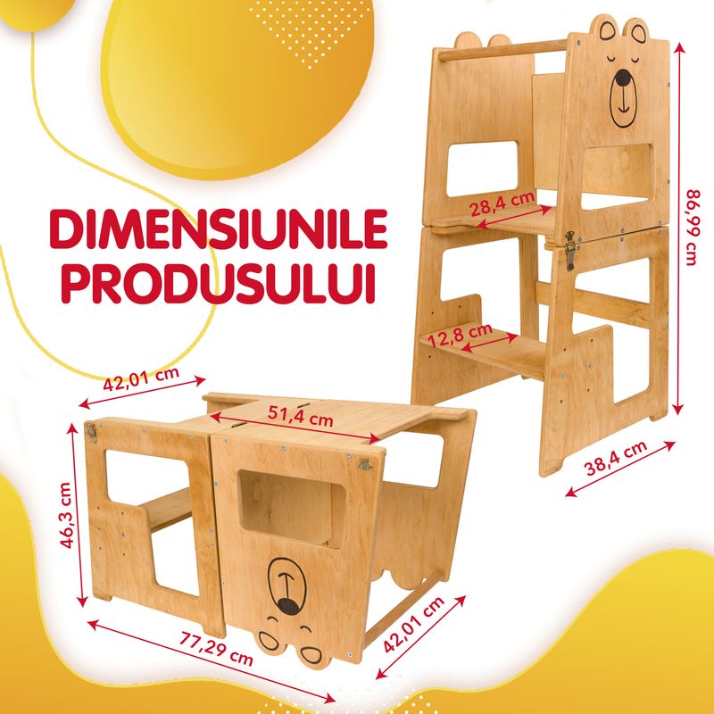 Casa si Gradina - Mobilier - Mobilier copii - Mobilier camera copiilor - Turn de invatare 4in1 pentru copii Bear, Pikler Learning Tower, Multifunctional, cu tabla de desen, +12 luni - Infinity.ro