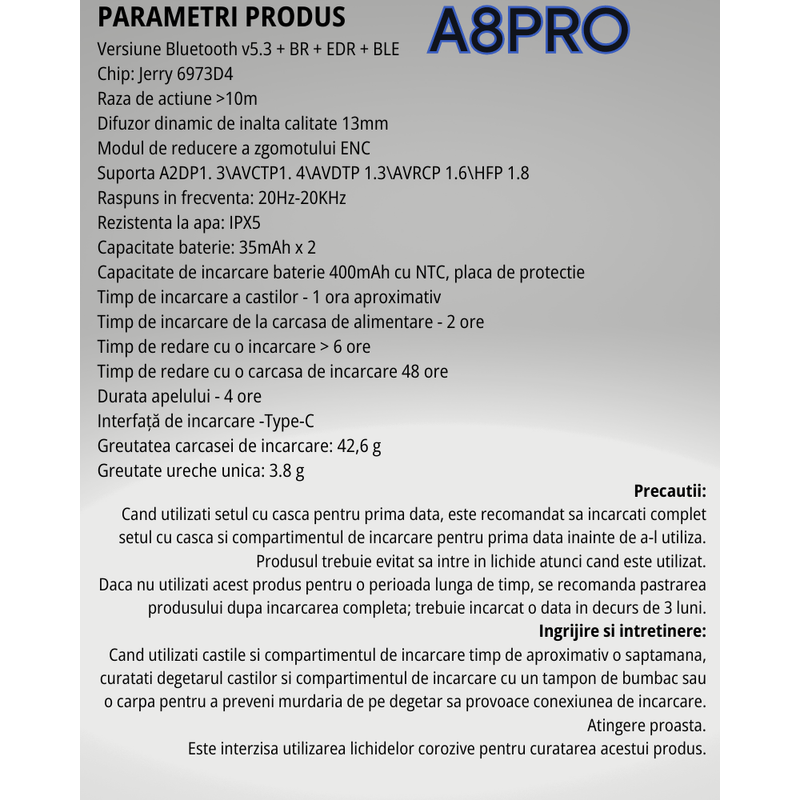 TV, Audio-Video si Foto - Portabile audio - Casti audio - Casti wireless in ear MAROVIO®, TWS, Bluetooth 5.3 + EDR+BLE+BR, ENC, CVC8.0, microfon HD, autonomie 48 ore - Infinity.ro