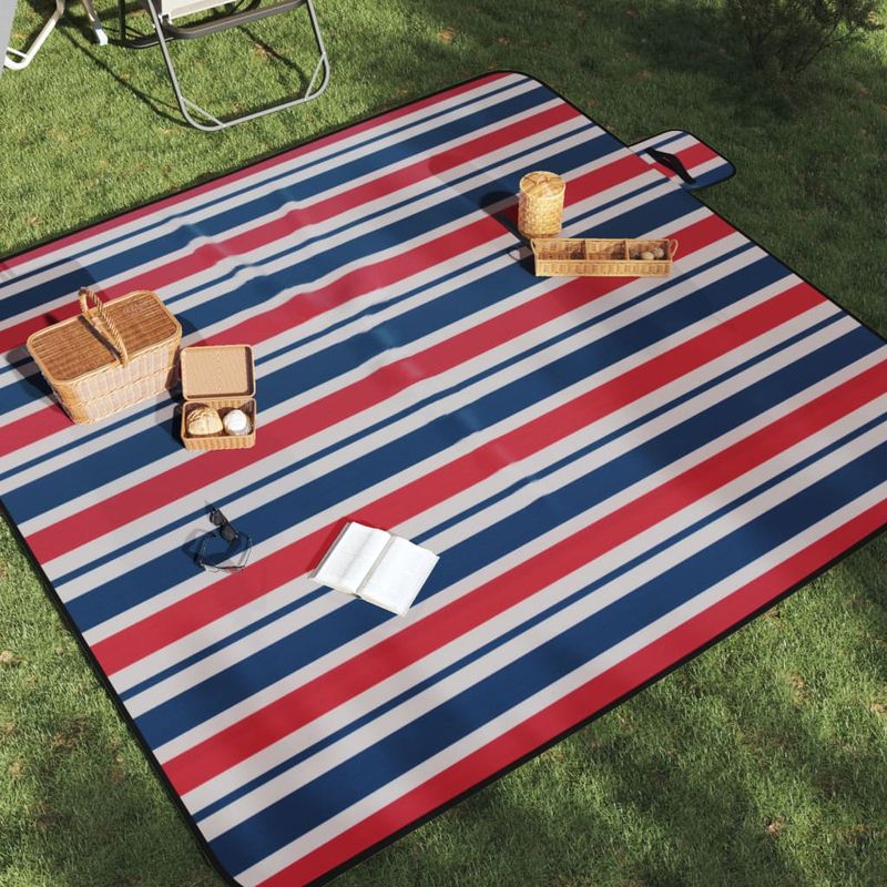 Sport si Outdoor - Camping - Accesorii camping si drumetii - Patura picnic pliabila, dungi rosu albastre, 200x200 cm catifea - Infinity.ro