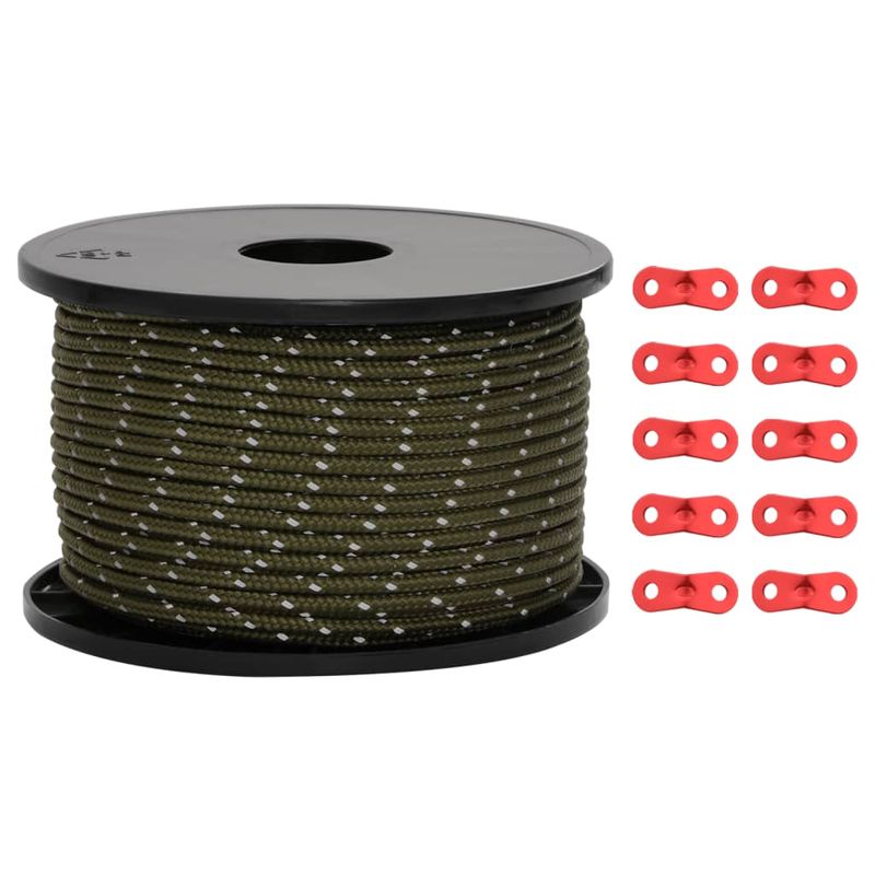 Sport si Outdoor - Camping - Accesorii corturi - Funie pentru cort cu benzi reflectorizante și chei, 50 m, 5 mm, verde - Infinity.ro