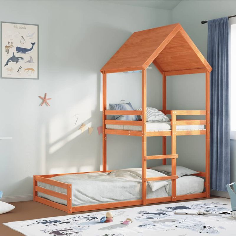 Casa si Gradina - Mobilier - Paturi si accesorii - Paturi - Pat supraetajat cu acoperis maro ceruit 80x200cm lemn masiv pin - Infinity.ro