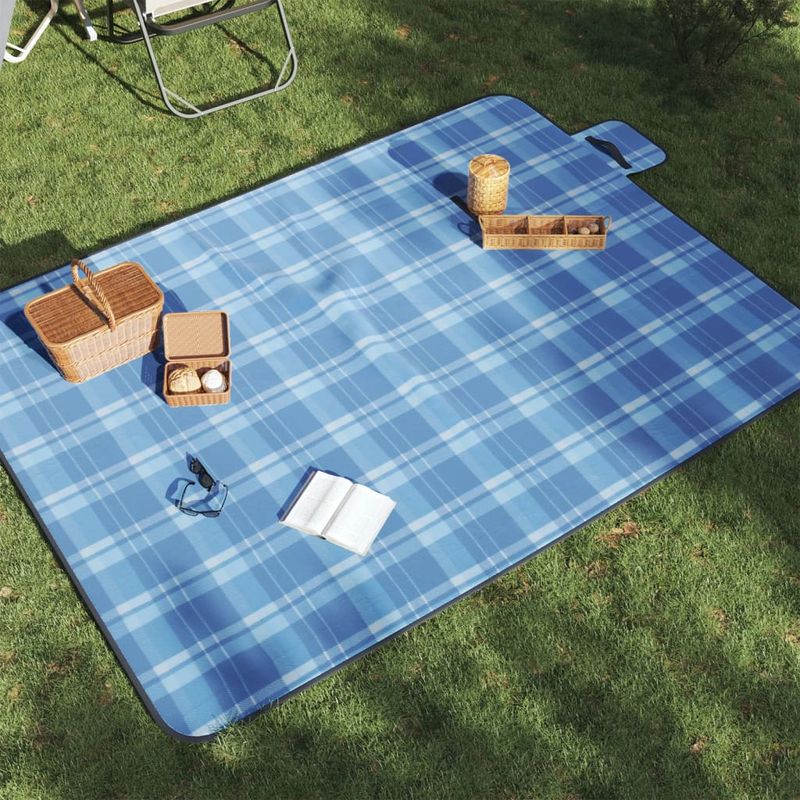 Sport si Outdoor - Camping - Accesorii camping si drumetii - Patura de picnic pliabila, carouri albastre, 200x150 cm catifea - Infinity.ro