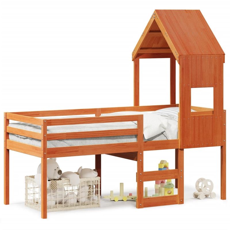 Casa si Gradina - Mobilier - Paturi si accesorii - Paturi - Pat inalt cu acoperis, maro ceruit, 75x190 cm, lemn masiv pin - Infinity.ro