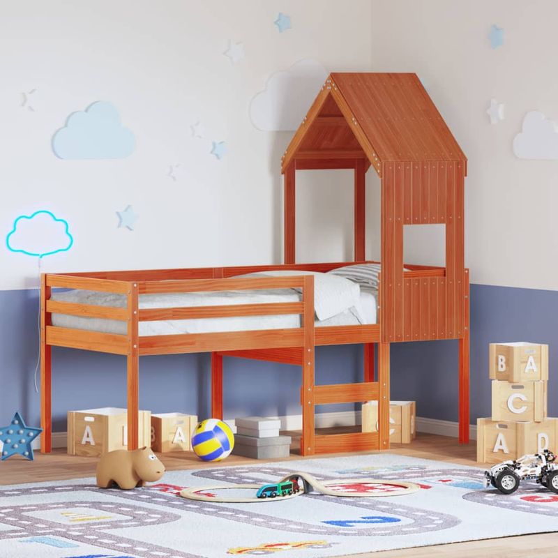 Casa si Gradina - Mobilier - Paturi si accesorii - Paturi - Pat inalt cu acoperis, maro ceruit, 75x190 cm, lemn masiv pin - Infinity.ro