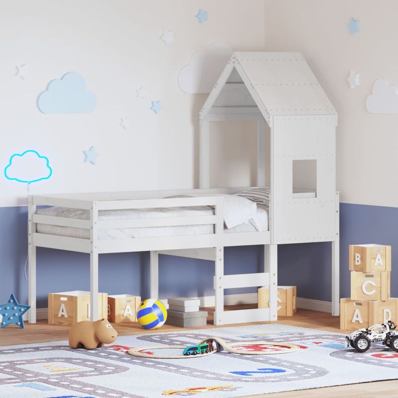 Casa si Gradina - Mobilier - Paturi si accesorii - Paturi - Pat inalt cu acoperis, alb, 90x200 cm, lemn masiv de pin - Infinity.ro