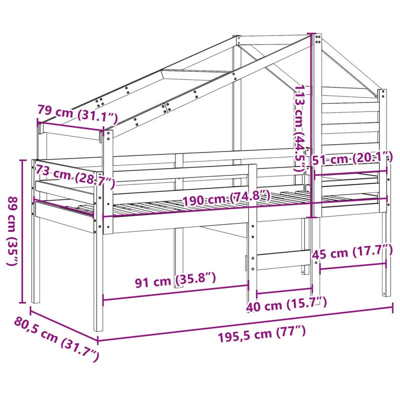 Casa si Gradina - Mobilier - Paturi si accesorii - Paturi - Pat inalt cu acoperis, alb, 75x190 cm, lemn masiv de pin - Infinity.ro