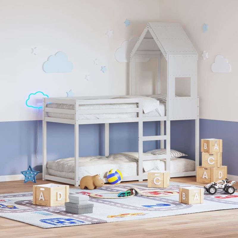 Casa si Gradina - Mobilier - Paturi si accesorii - Paturi - Pat supraetajat cu acoperis, alb, 90x190 cm, lemn masiv de pin - Infinity.ro