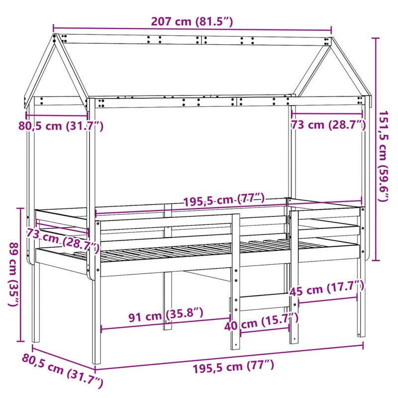 Casa si Gradina - Mobilier - Paturi si accesorii - Paturi - Pat inalt cu acoperis, 75x190 cm, lemn masiv de pin - Infinity.ro