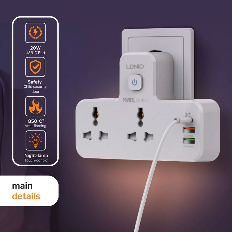 Casa si Gradina - Electrice - Prize - Priza inteligenta 3 in 1 (EU/US/UK) multifunctionala - LDNIO, 2500W, lampa veghe ajustabila, 2x USB, 1x USB-C, Alba - Infinity.ro