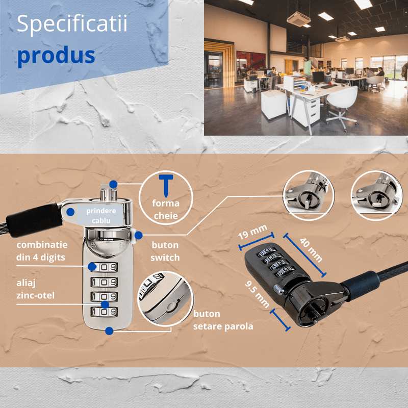 Laptop, Telefoane si Tablete - Laptopuri si accesorii - Piese laptop - Sisteme securizare laptop - Cablu de securitate cu cifru, oscilatie 90°, lock 6.3 mm, forma T, pentru laptop, accesorii birou, Gri Inchis - Infinity.ro