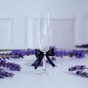 Pahar nunta, miri, nasi cu fundita de satin neagra si cristal