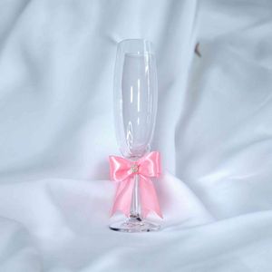 Pahar sampanie, botez, cu fundita de satin roz si cristal, ieftin
