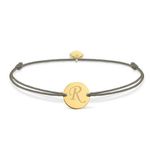 Fashion, accesorii si bijuterii - Femei - Bijuterii femei - Bratari femei - Bratara ajustabila, cu banut rotund si inima, auriu, gravat litera R, snur gri - Infinity.ro