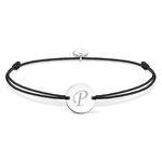 Fashion, accesorii si bijuterii - Femei - Bijuterii femei - Bratari femei - Bratara ajustabila, cu banut rotund si inima, argintiu, gravat litera P, snur negru - Infinity.ro