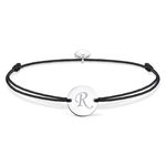 Fashion, accesorii si bijuterii - Femei - Bijuterii femei - Bratari femei - Bratara ajustabila, cu banut rotund si inima, argintiu, gravat litera R, snur negru - Infinity.ro