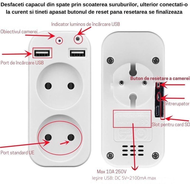 Laptop, Telefoane si Tablete - Wearables si gadgeturi - Gadgeturi - Dispozitive spionaj - Mini Camera Spion in Priza Adaptor dublu, Exaltus®, Wi-Fi, 4K, Full HD, tehnologie super rezolution, Microfon integrat - Infinity.ro