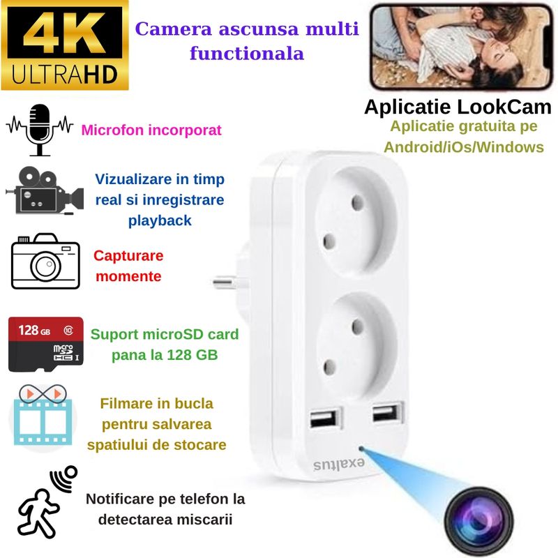 Laptop, Telefoane si Tablete - Wearables si gadgeturi - Gadgeturi - Dispozitive spionaj - Mini Camera Spion in Priza Adaptor dublu, Exaltus®, Wi-Fi, 4K, Full HD, tehnologie super rezolution, Microfon integrat - Infinity.ro