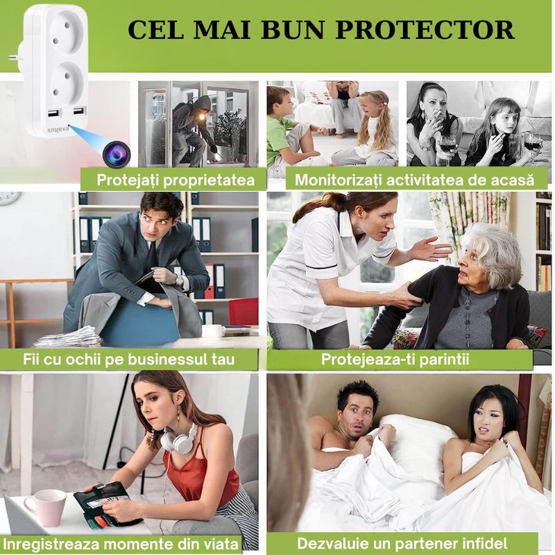 Laptop, Telefoane si Tablete - Wearables si gadgeturi - Gadgeturi - Dispozitive spionaj - Mini Camera Spion in Priza Adaptor dublu, Exaltus®, Wi-Fi, 4K, Full HD, tehnologie super rezolution, Microfon integrat - Infinity.ro