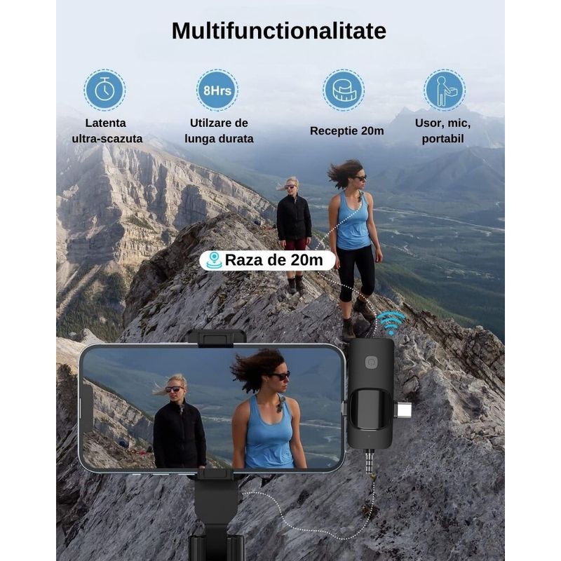 TV, Audio-Video si Foto - Audio profesionale - Microfoane profesionale - Set 2 microfoane profesionale lavaliera, Exaltus®, USB C, 3.5 Jack, Lightning, Wireless live, 2.4 GHz, interviuri - Infinity.ro