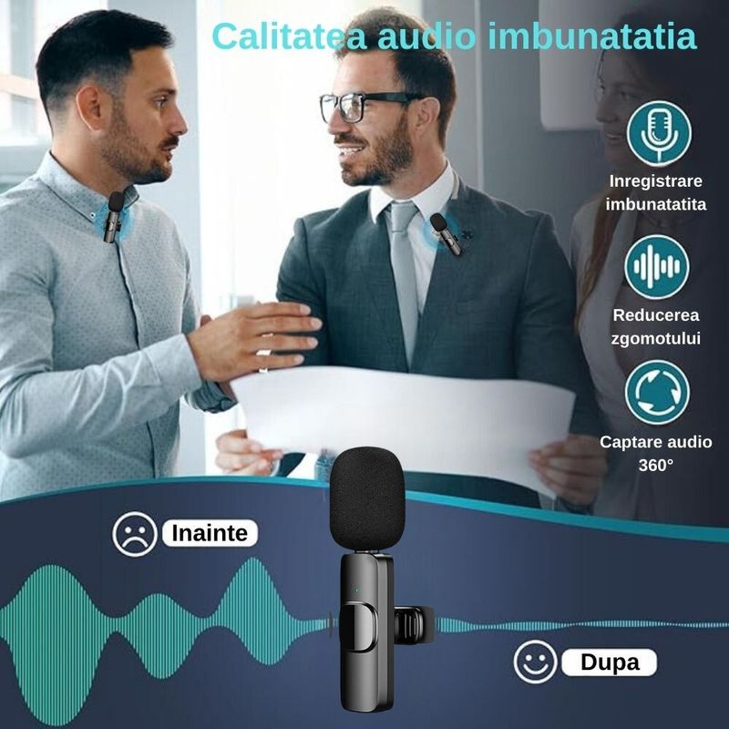 TV, Audio-Video si Foto - Audio profesionale - Microfoane profesionale - Set 2 microfoane profesionale lavaliera, Exaltus®, USB C, 3.5 Jack, Lightning, Wireless live, 2.4 GHz, interviuri - Infinity.ro