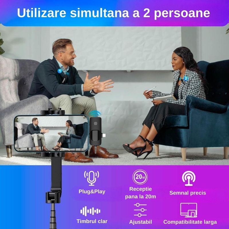 TV, Audio-Video si Foto - Audio profesionale - Microfoane profesionale - Set 2 microfoane profesionale lavaliera, Exaltus®, USB C, 3.5 Jack, Lightning, Wireless live, 2.4 GHz, interviuri - Infinity.ro