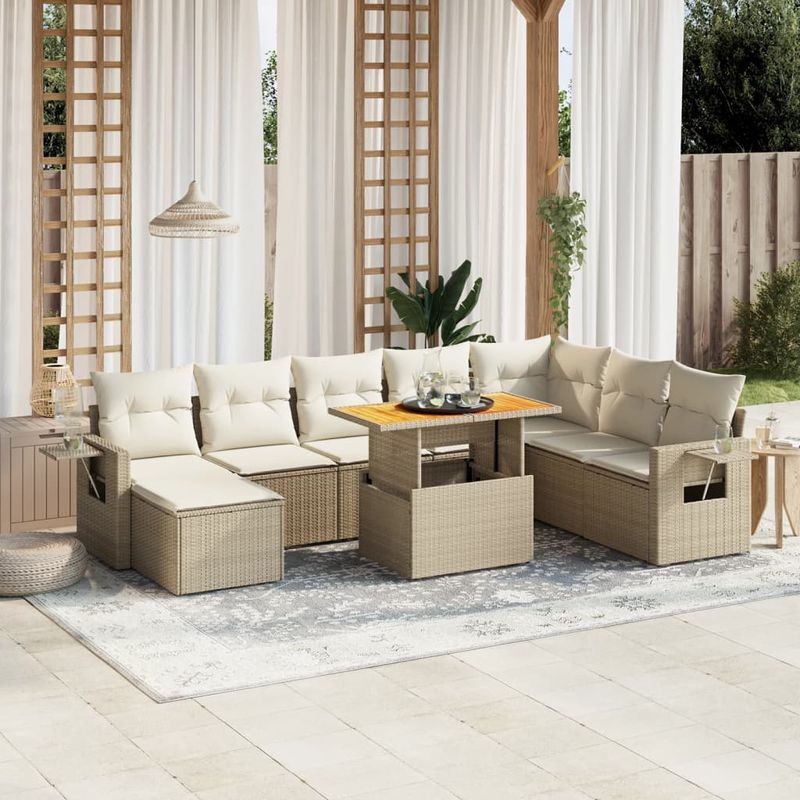 Casa si Gradina - Gradina si terasa - Mobilier exterior - Seturi mobila gradina - Set canapele de gradina, 9 piese, cu perne, bej, poliratan - Infinity.ro